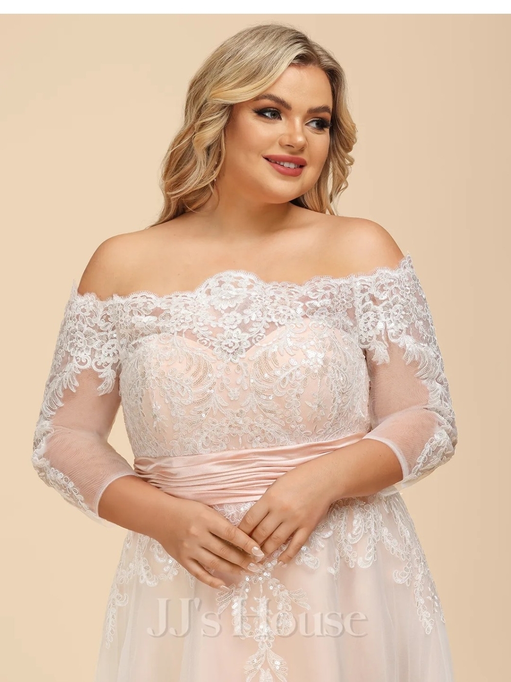 JJs House Blush Off-Shoulder Lace High-Low Gown - Picture 8 of 13